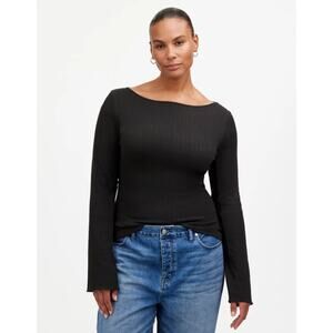 Madewell Ribbed Long-Sleeve Boatneck Top WMNS S Black Pullover Stretch Slim Fit